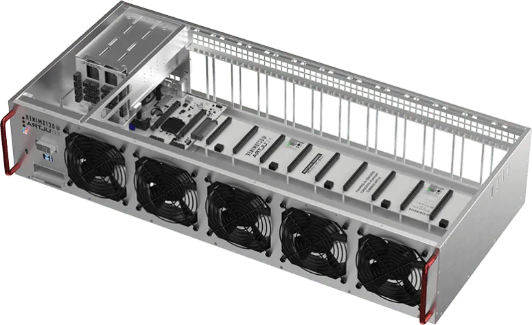Open enclosed mining chassis showing the motherboard, GPU positions and fan bank