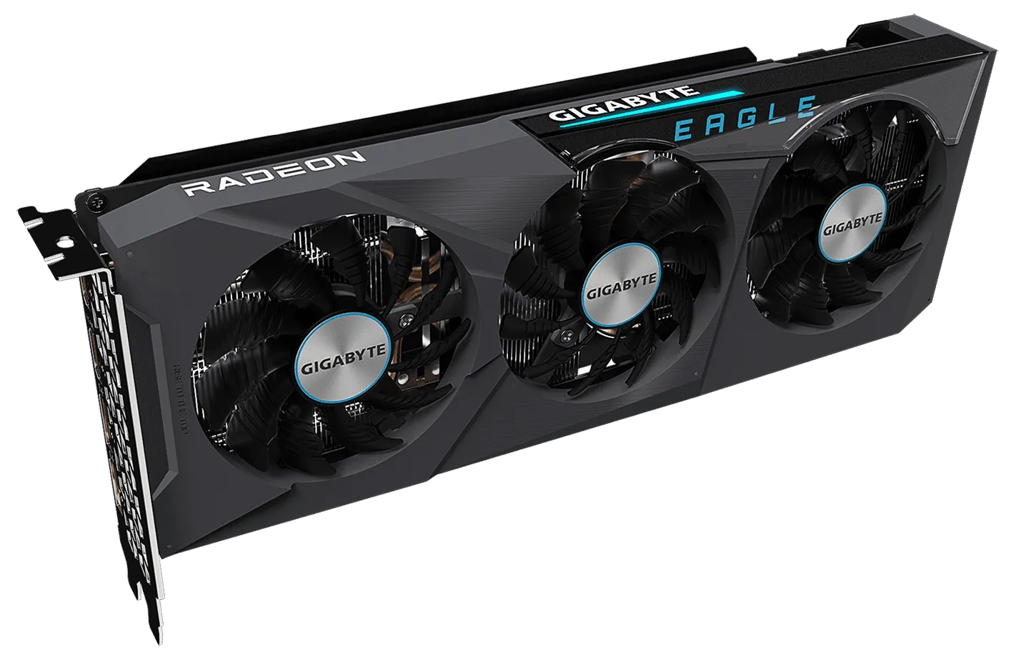 Close-up of a triple-fan AMD graphics card used in earlier GPU mining builds