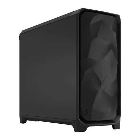 Black full-tower workstation with a mesh front panel