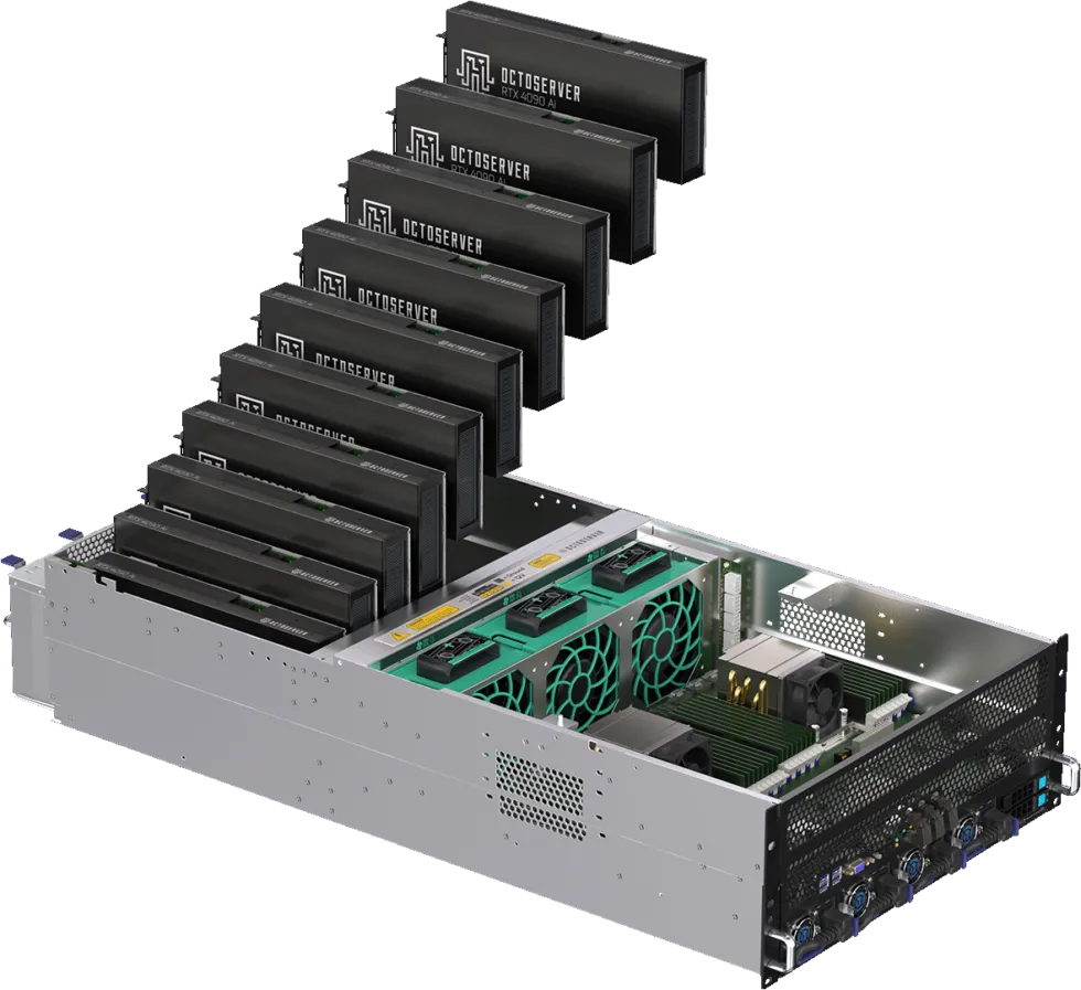 Exploded supplier render of passive GPUs arranged above an open 4U rack chassis