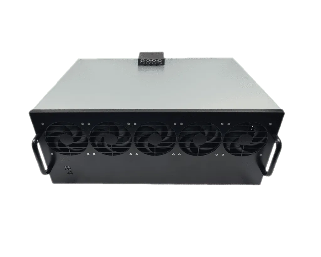 Front view of an enclosed multi-GPU mining rig with five high-airflow fans