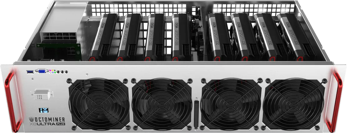 Open enclosed GPU mining platform showing a riserless multi-card layout and high-airflow chassis
