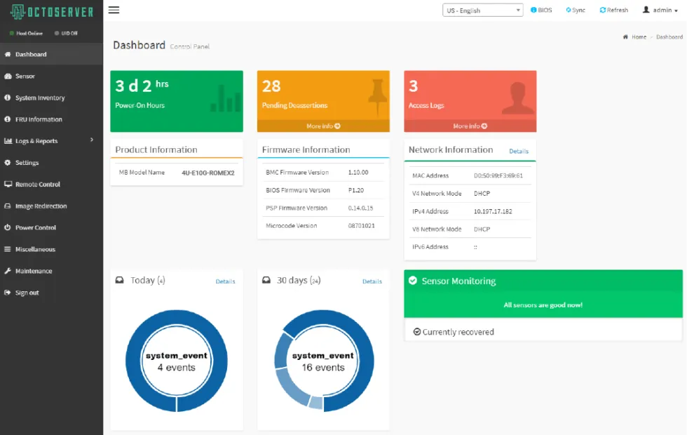 GPU server remote management dashboard with system status, access logs and sensor monitoring panels