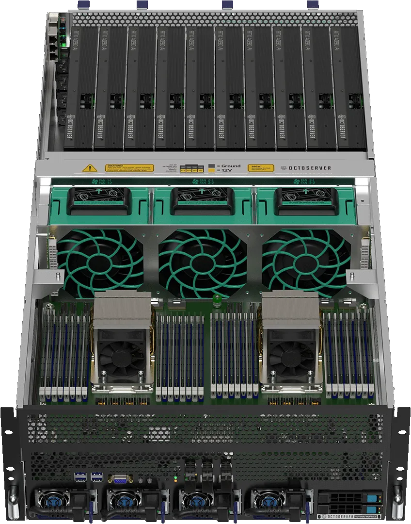Open 4U OEM GPU server chassis showing passive GPUs, cooling fans, processors and memory slots