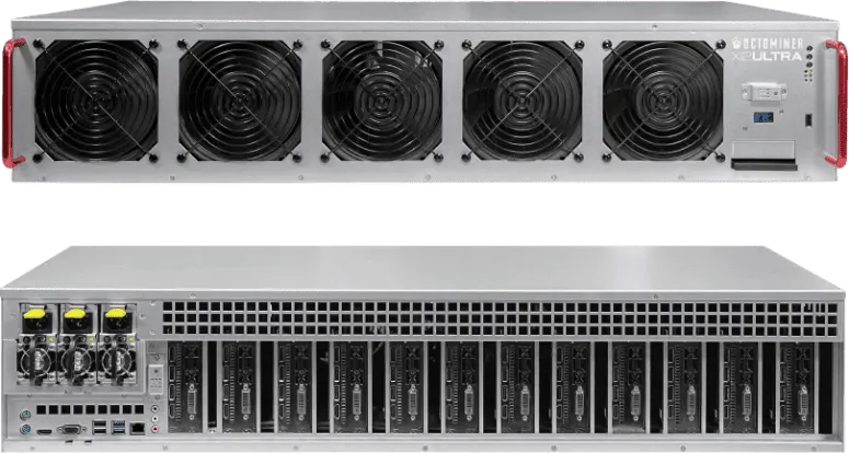 Riserless enclosed GPU mining rig viewed from the front and top