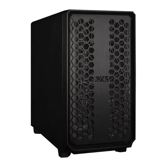 Black mid-tower workstation with a ventilated front panel